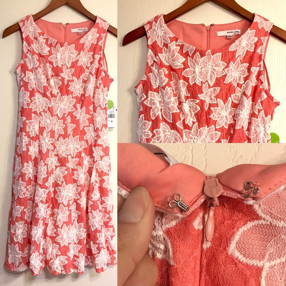 STUDIO ONE Size 4 NWT Peach and White Floral Lace Mini Fit to Flare Skater Dress - Picture 2 of 4
